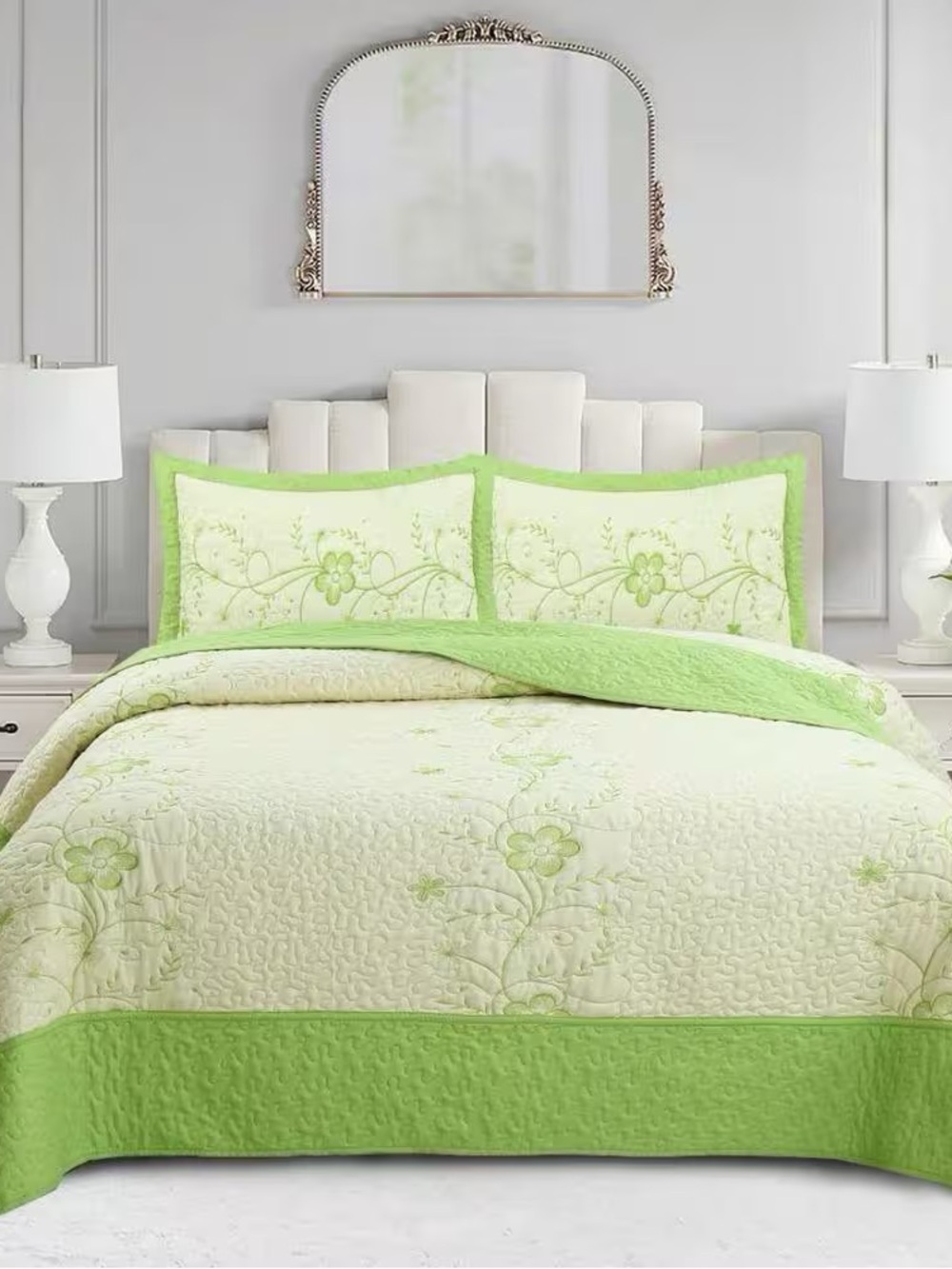 Green Flower Embroidery Queen Size Polyester Quilt Bedspreads Set